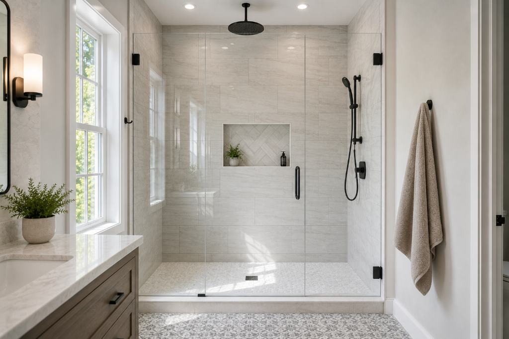 Black-Fixtured Shower with Patterned Floor