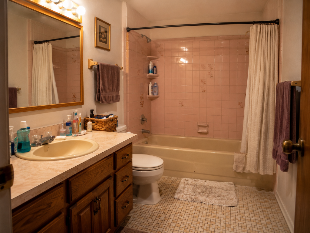 Before accessible bathroom remodel in San Diego showing outdated tub and vanity