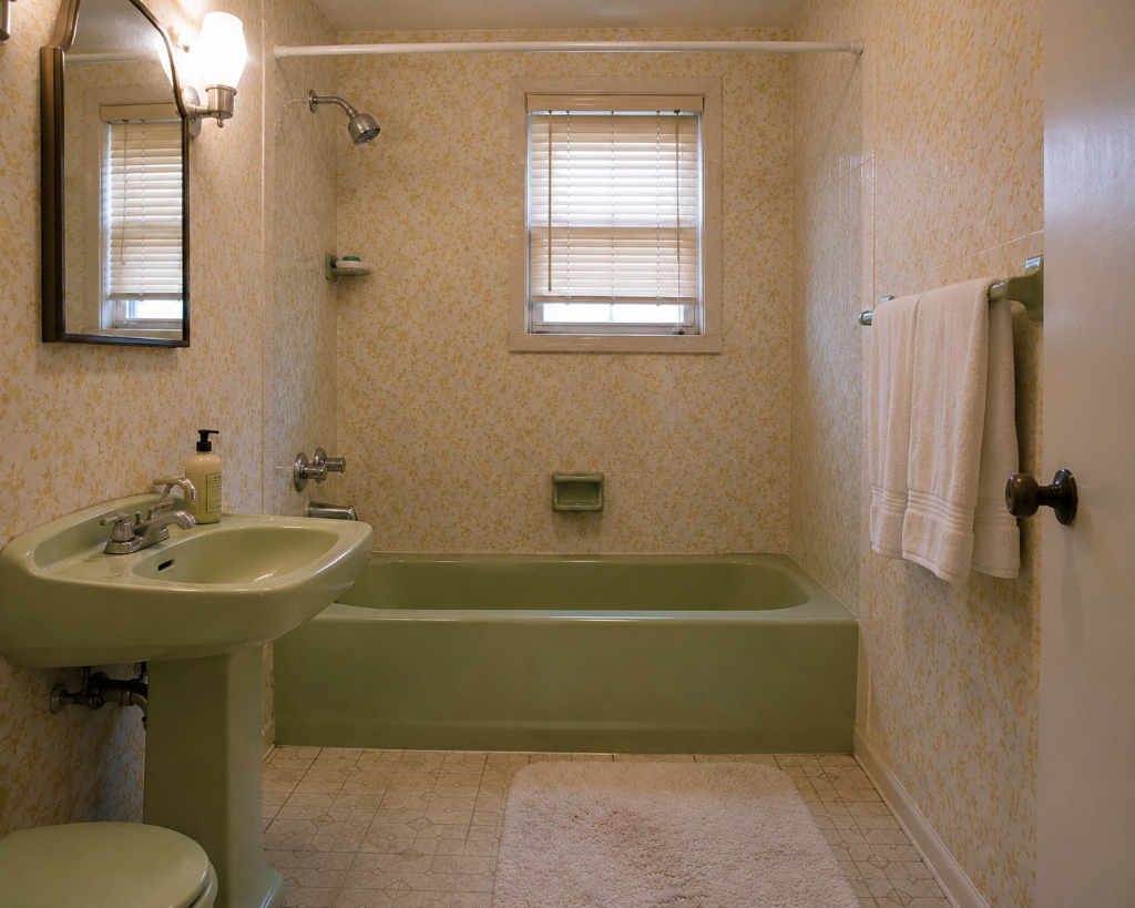 Before tub to shower conversion in San Diego showing dated green fixtures and floral wallpaper