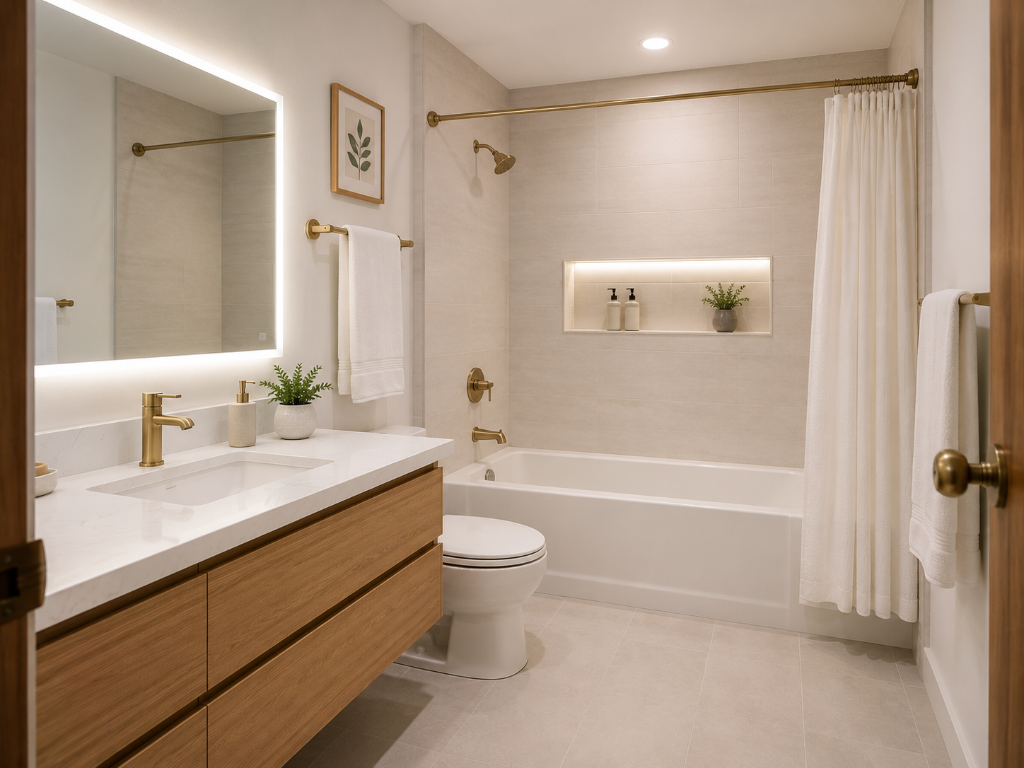 After senior accessible bathroom renovation with walk-in tub, grab bars, and modern fixtures