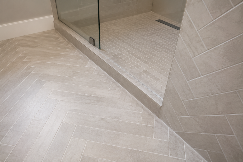 Herringbone Tile Shower Curb Detail