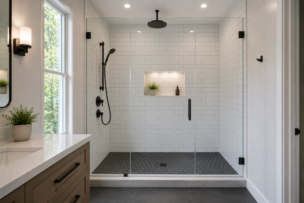 Subway Tile Shower with Charcoal Floor