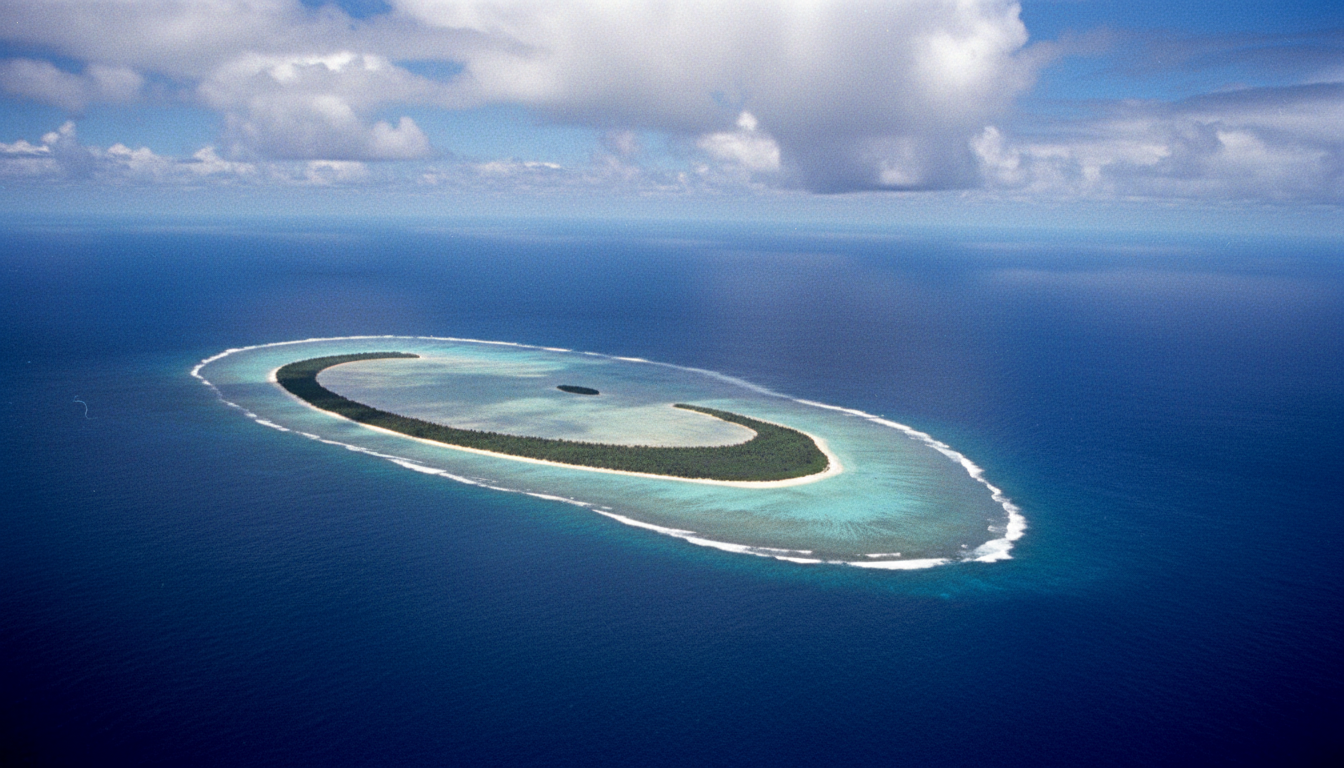 Aerial view of vulnerable Pacific atoll surrounded by deep ocean