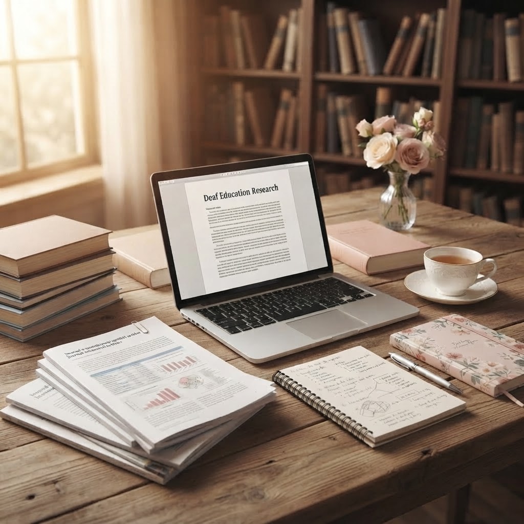 A warm scholarly research desk with journal articles, notebooks, and a laptop reading Deaf Education Research