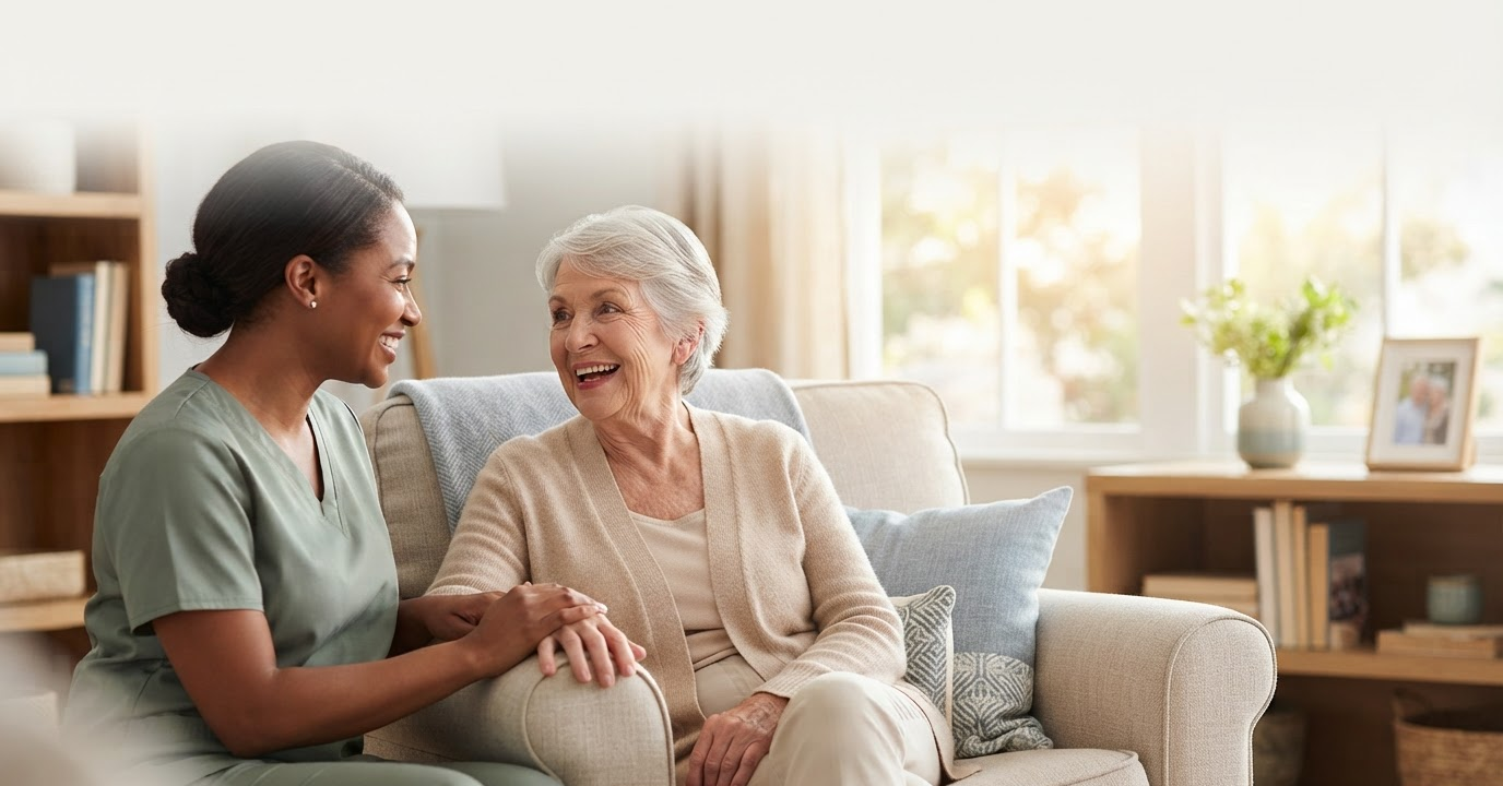 Dulla Care caregiver sharing a friendly conversation with a senior at home