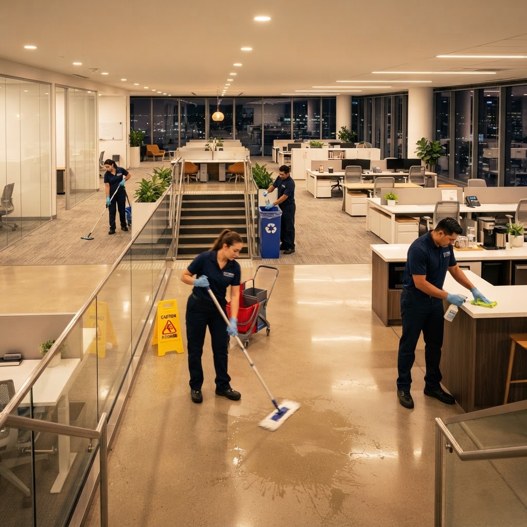 Dulla Custodial janitorial team cleaning a commercial office