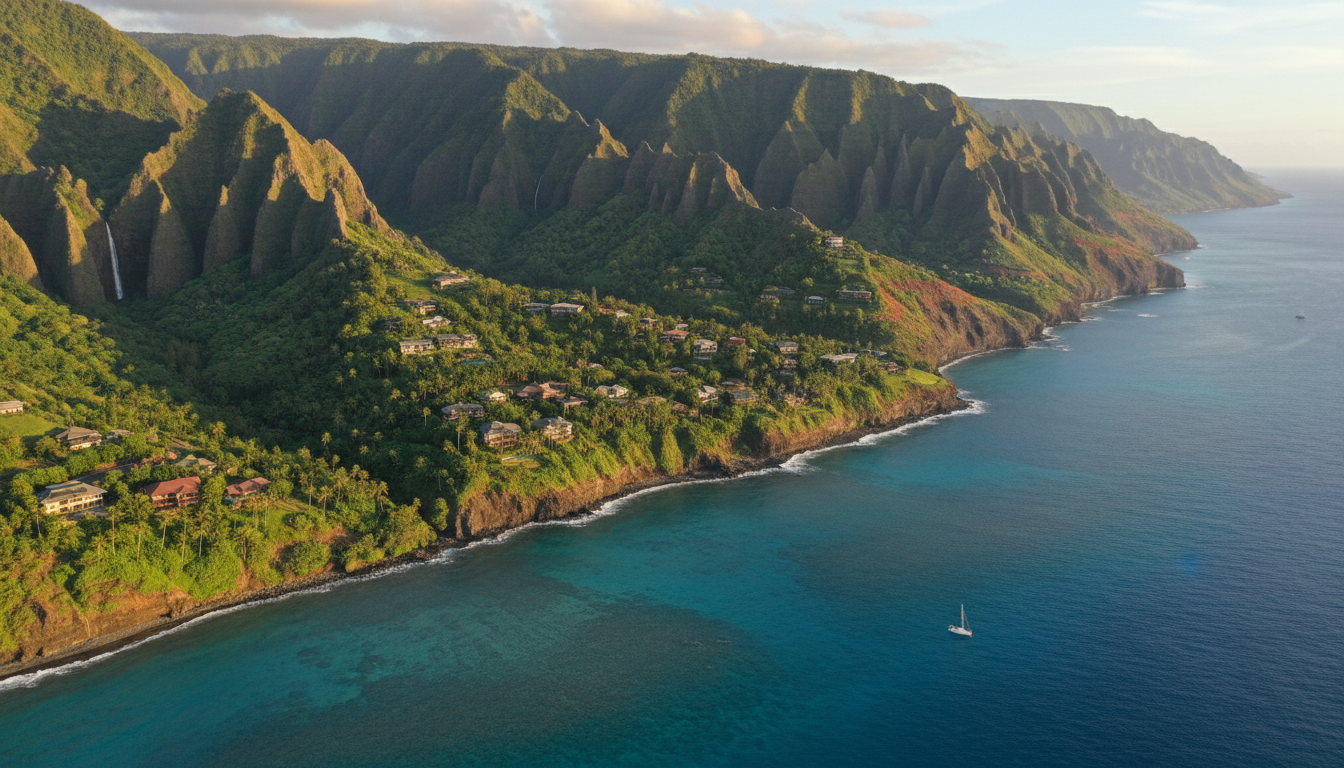 Aerial view of lush Kauai coastline