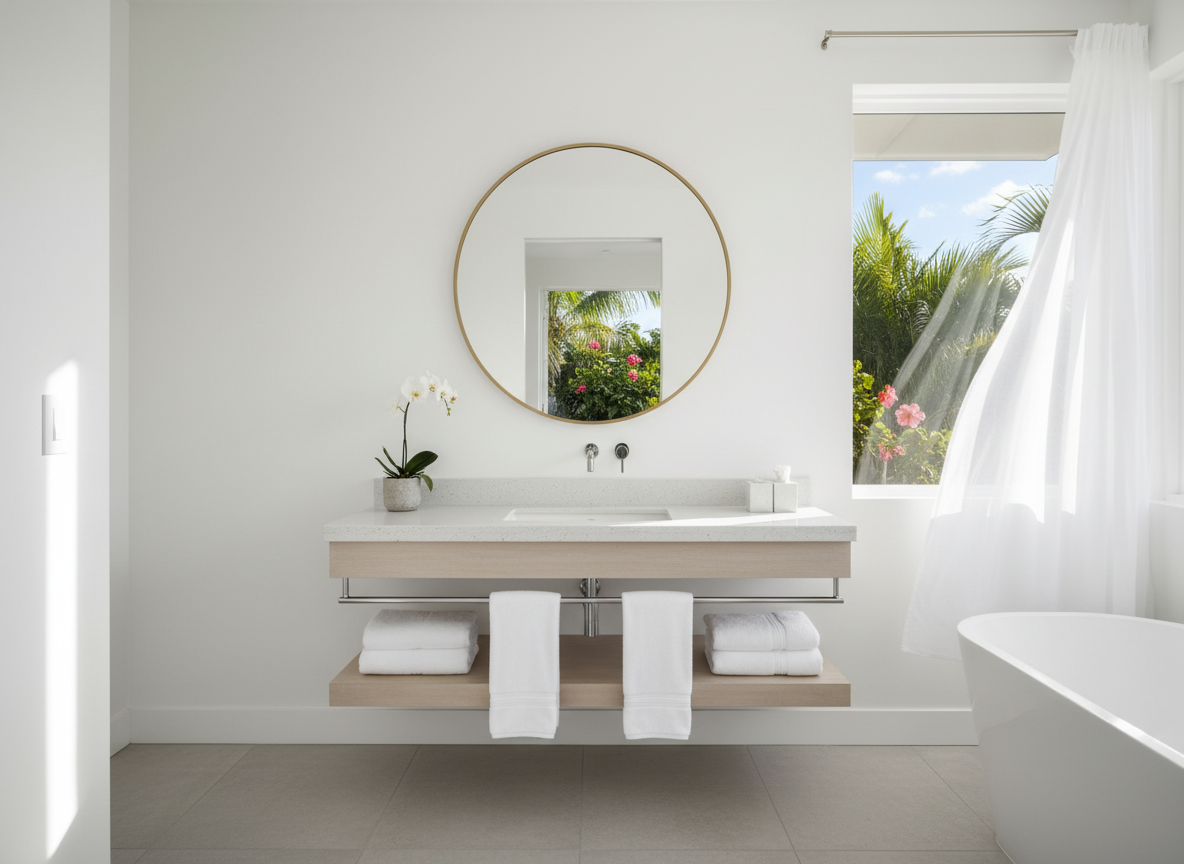 Bright bathroom with hung mirror