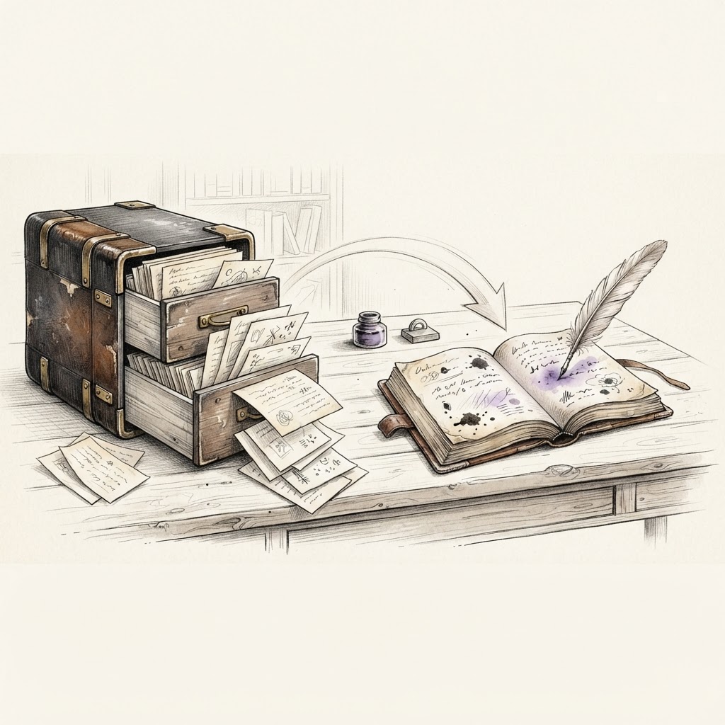 Illustration encre et crayon : d'un classeur traditionnel vers un carnet ouvert, sur fond crème
