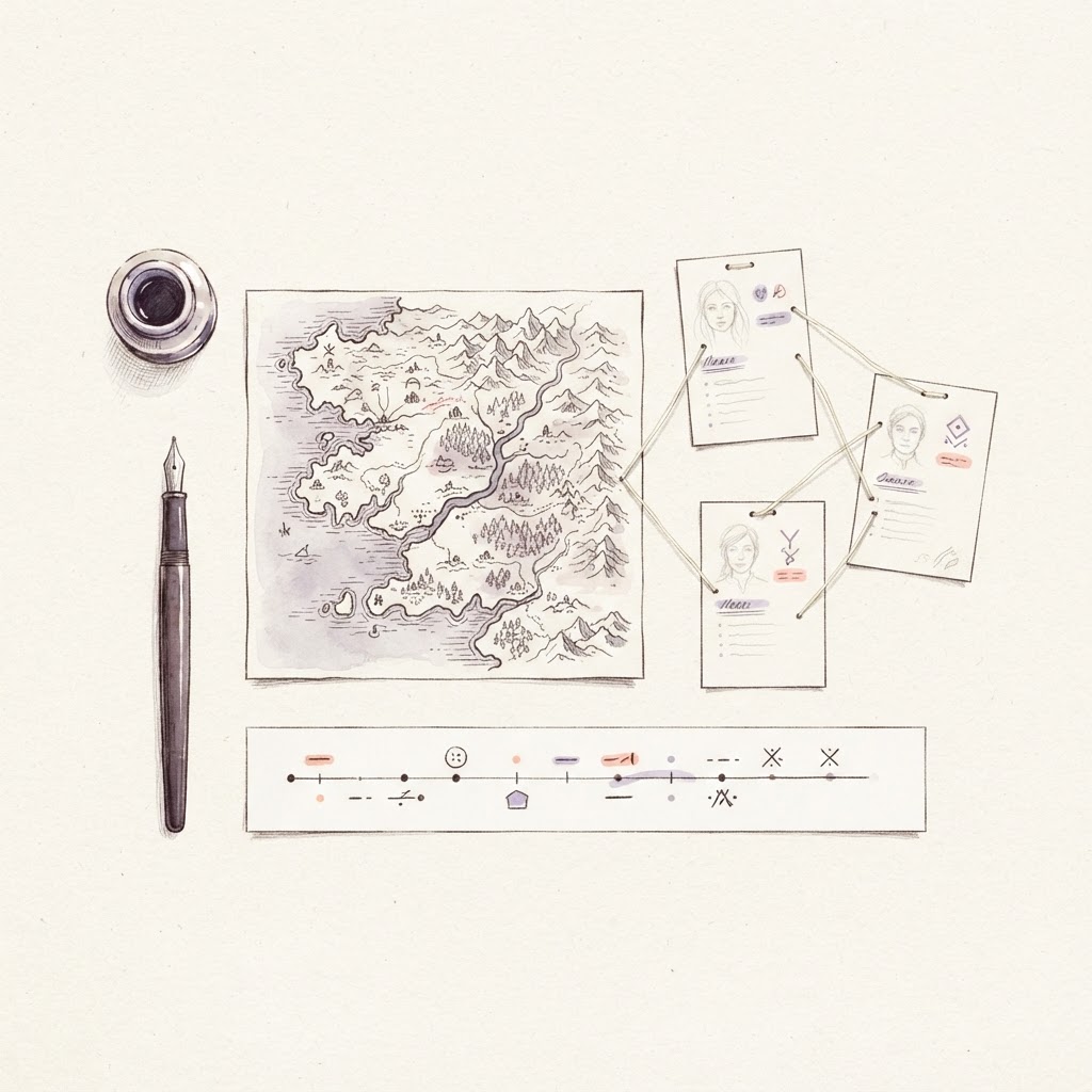 Illustration encre et crayon : carte dessinée à la main, fiches de personnages reliées par un fil et frise chronologique sur un bureau, fond crème