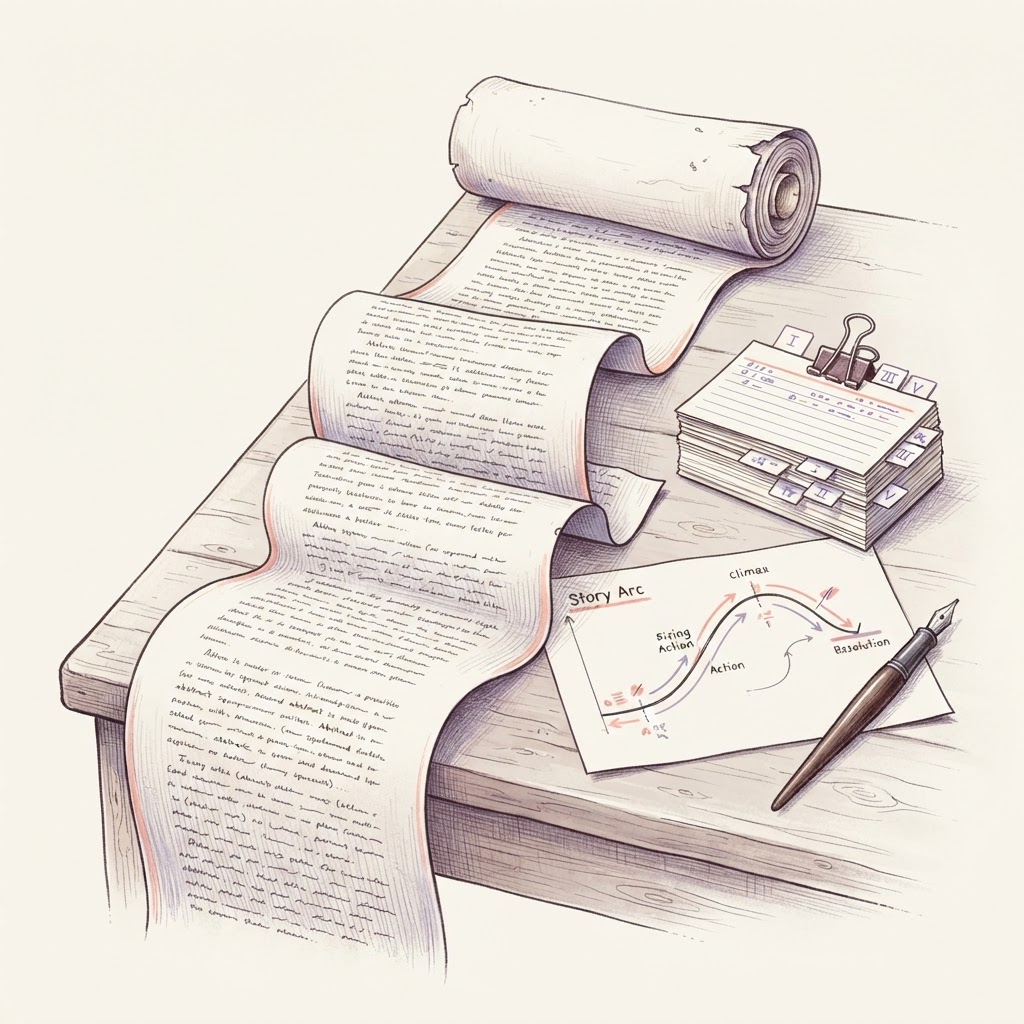 Illustration encre et crayon : un long rouleau de pages tapées face à des fiches de chapitres ordonnées, sur fond crème