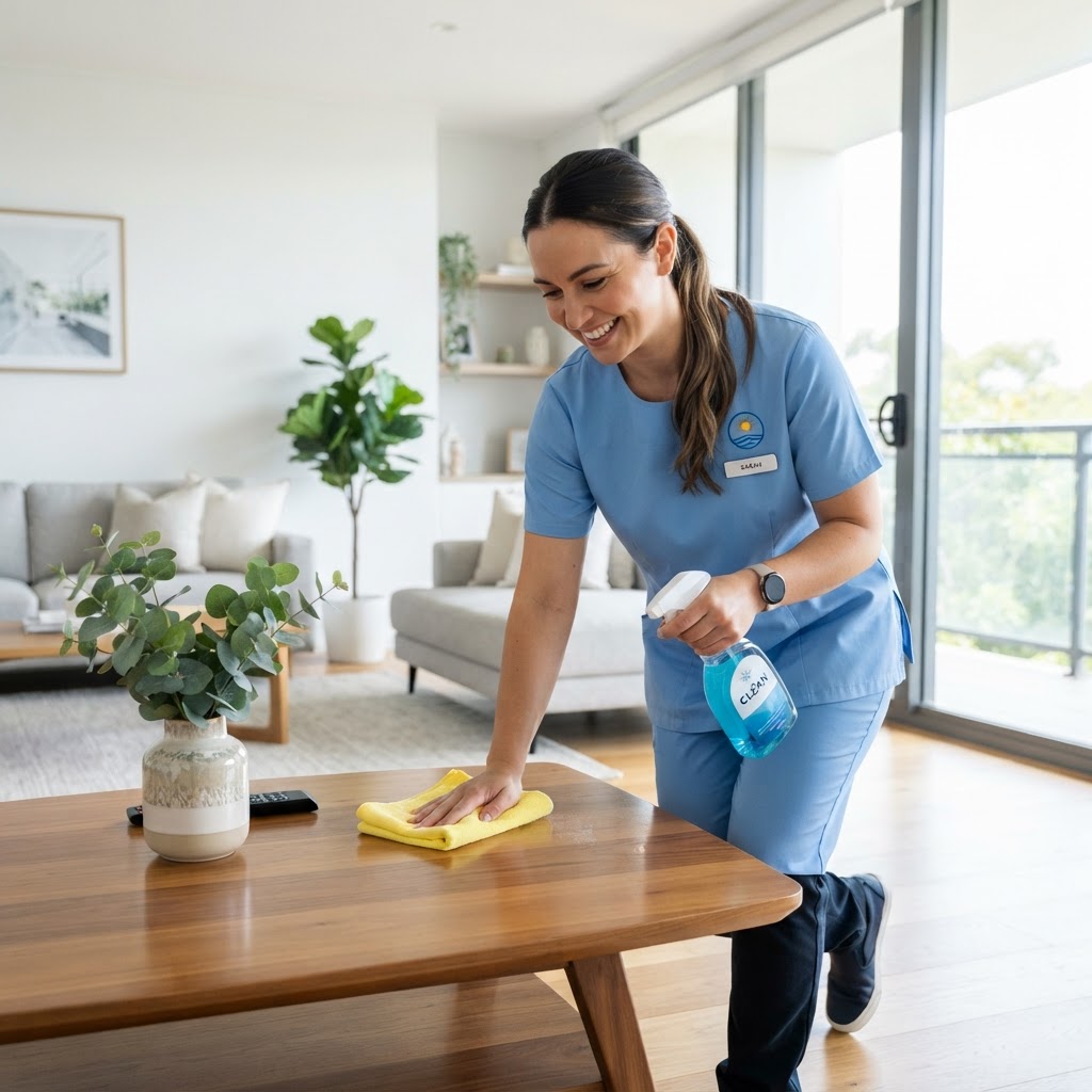 ClearPath cleaning technician cleaning a bright living room