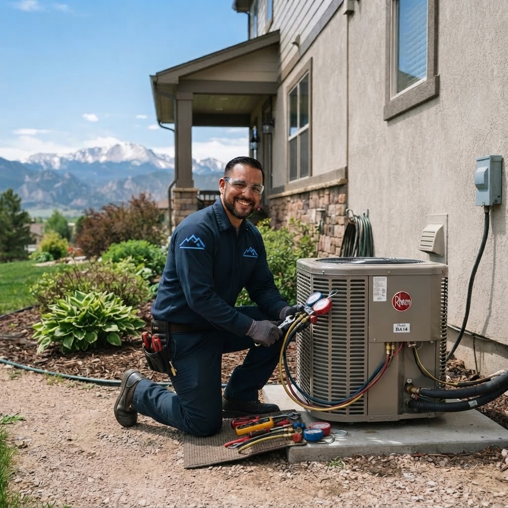 BluePeak HVAC technician servicing an air conditioning unit