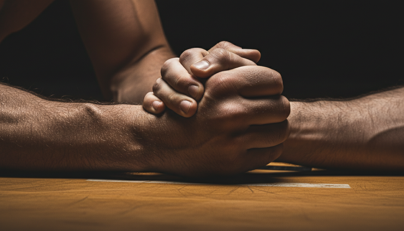Wrestlers locked in an intense grip