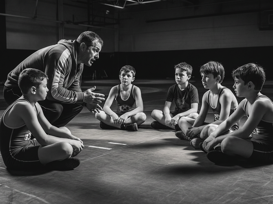 Coach speaking to young wrestlers