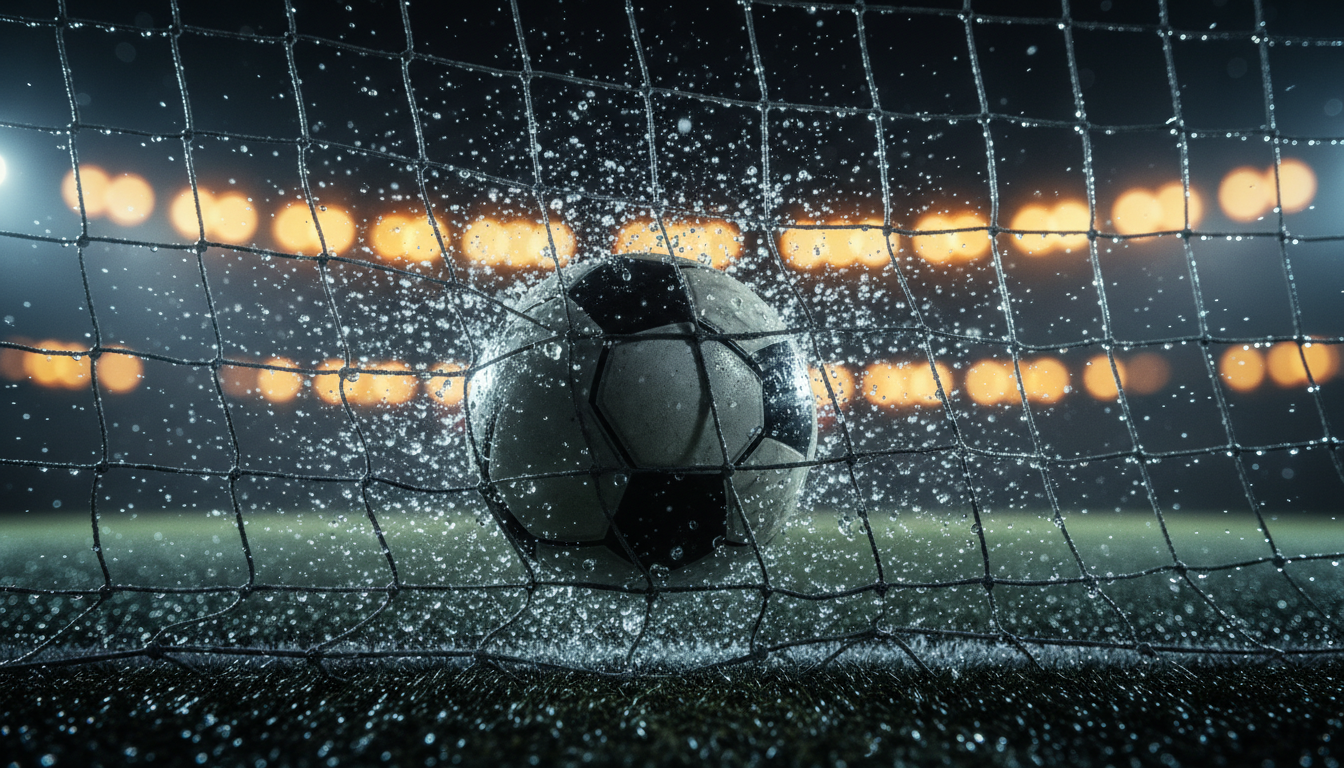 Soccer ball hitting net in rain at night with stadium lights