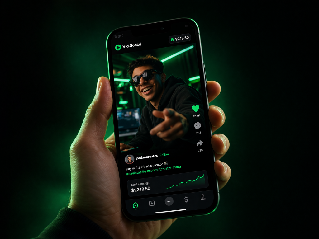 Vid.Social app on phone showing creator earnings