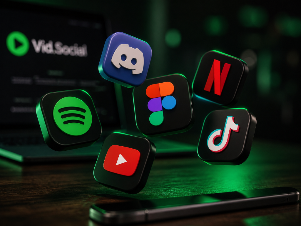 Floating 3D social app icons around Vid.Social