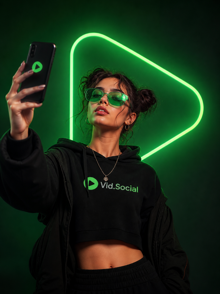 Vid.Social creator taking selfie with neon green play sign