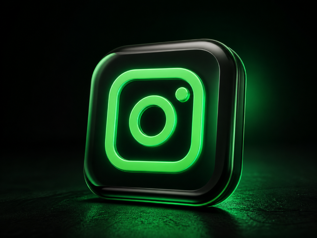 Neon green Instagram icon glowing in the dark