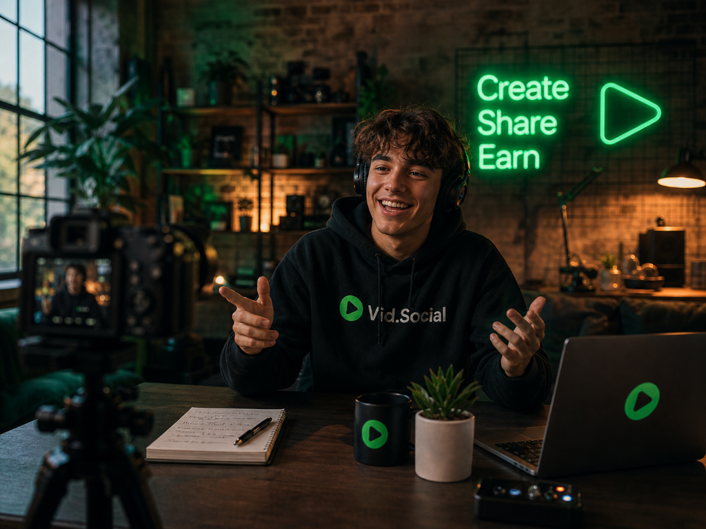 Vid.Social creator filming with Create Share Earn neon sign