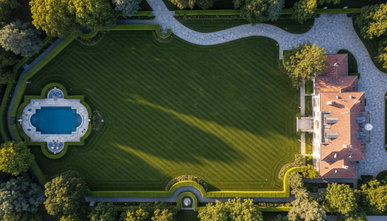 Aerial view of perfectly striped residential lawn