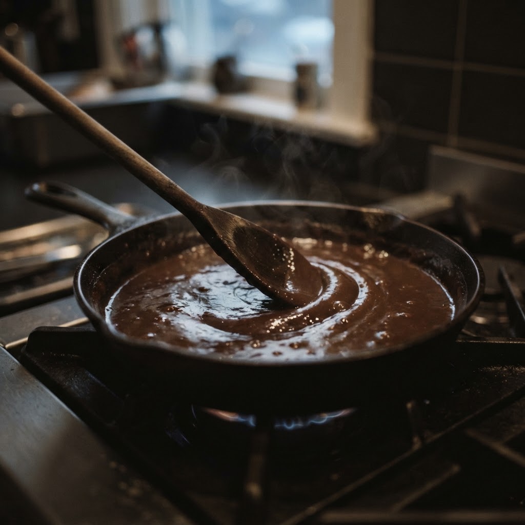 The stock pot at dawn — a wooden ladle resting on the rim, dark steam rising