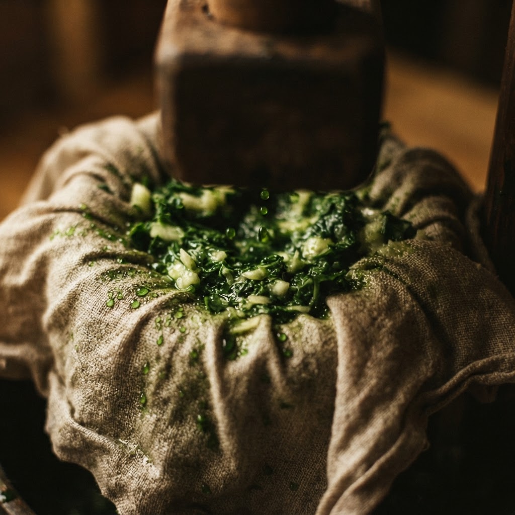 Pulp beneath press cloths at the moment of yield — the Still Room at dawn