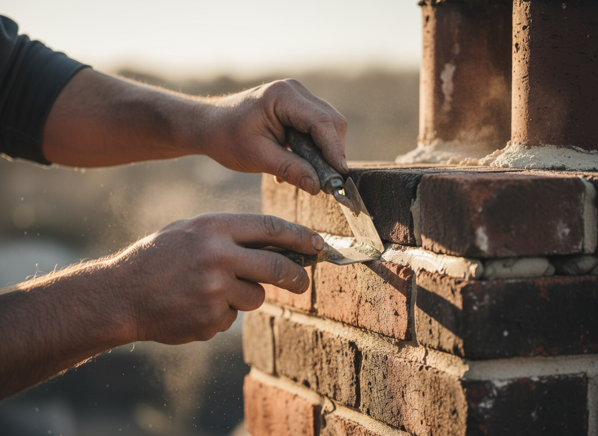 Skilled mason performing expert tuckpointing on chimney brickwork