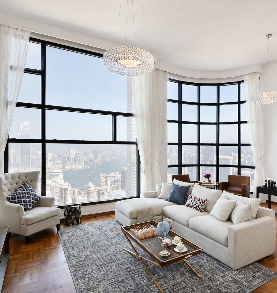 Luxury living room with Victoria Harbour view, Queen's Garden