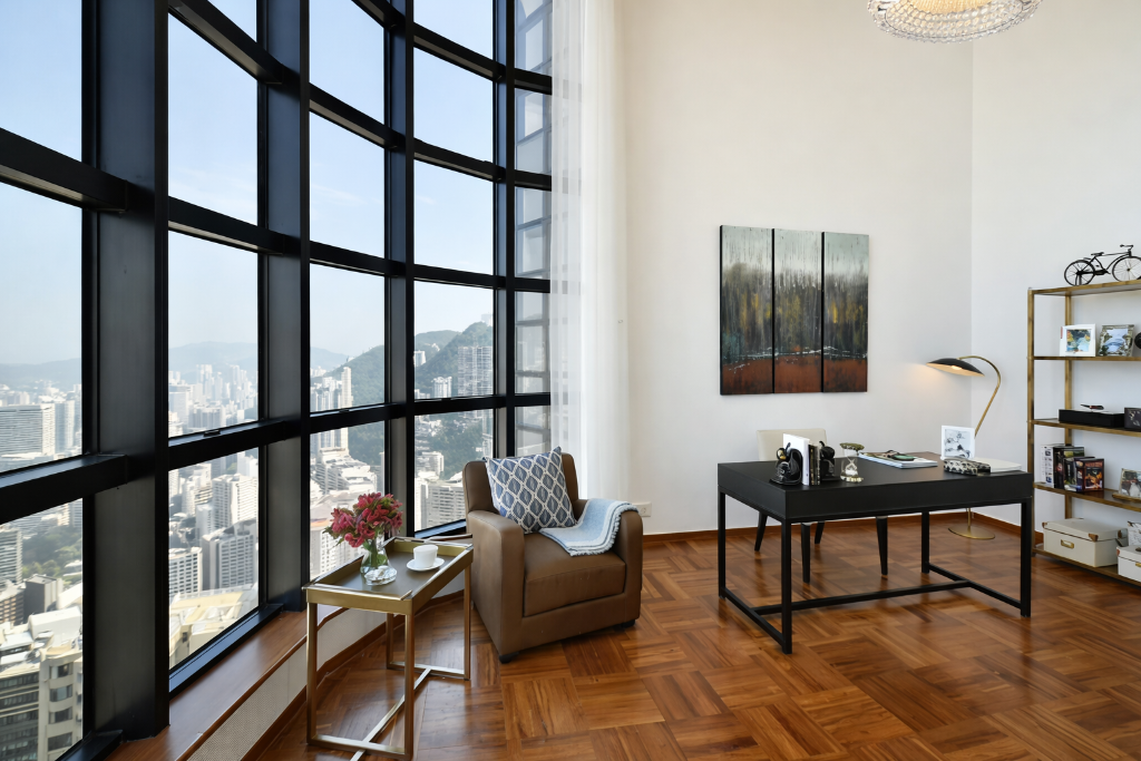 Luxury study room with floor-to-ceiling windows