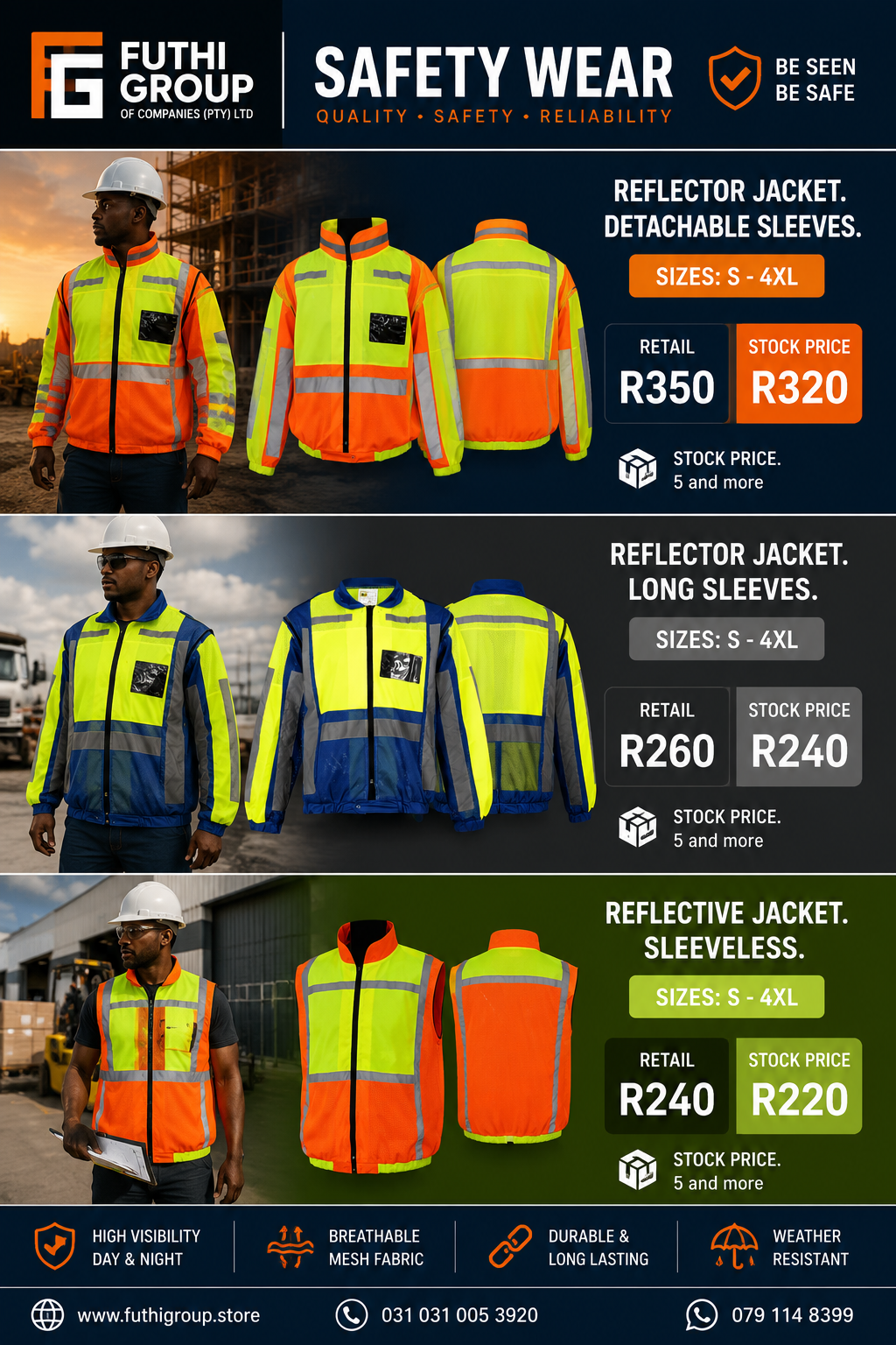 Reflector jackets with detachable sleeves, long sleeves and sleeveless vests