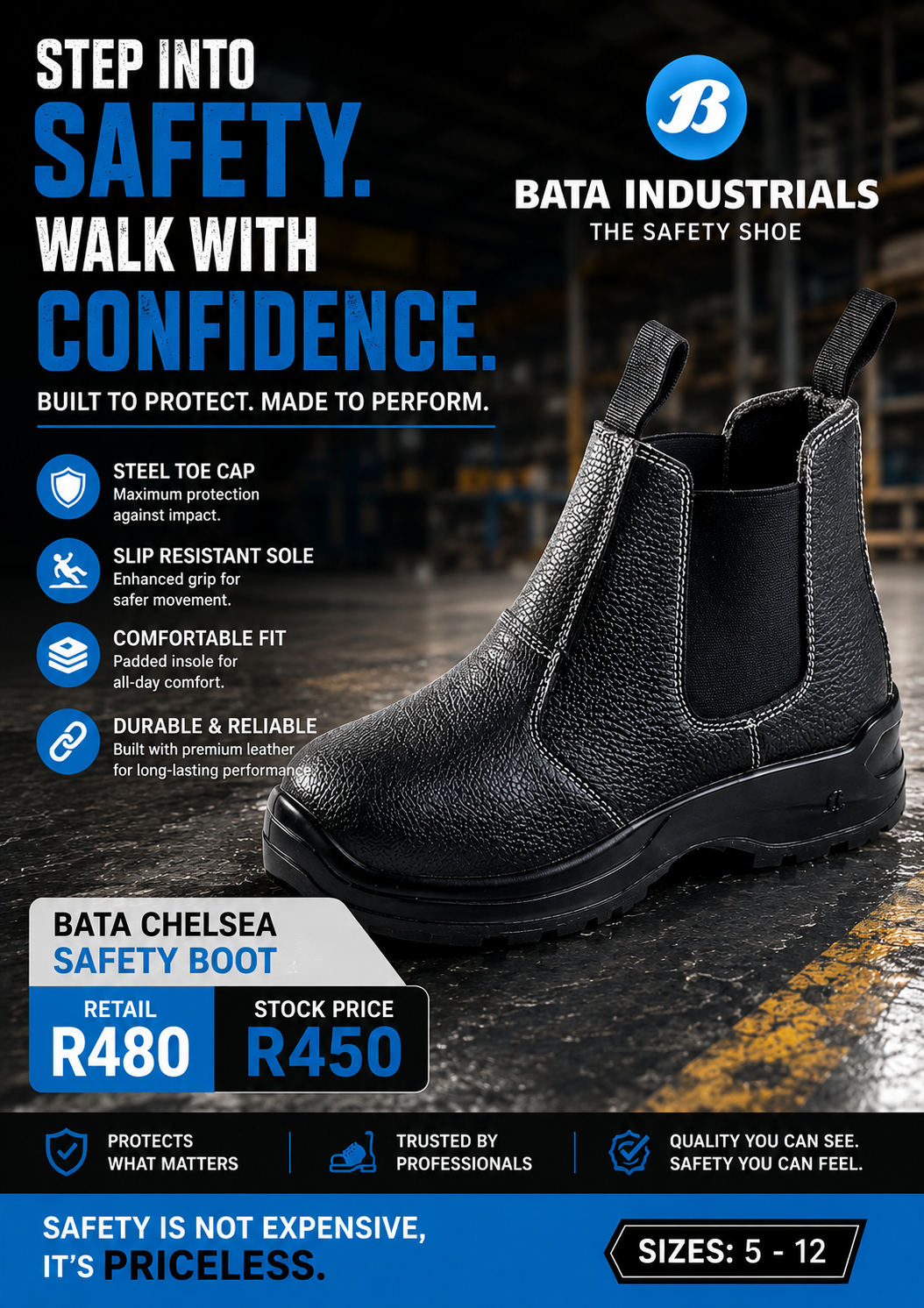 Bata Chelsea safety boot flyer — step into safety, walk with confidence
