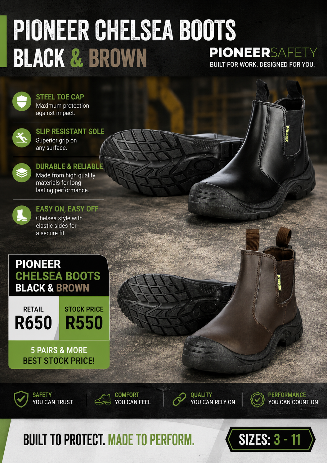 Pioneer Chelsea safety boots in black and brown