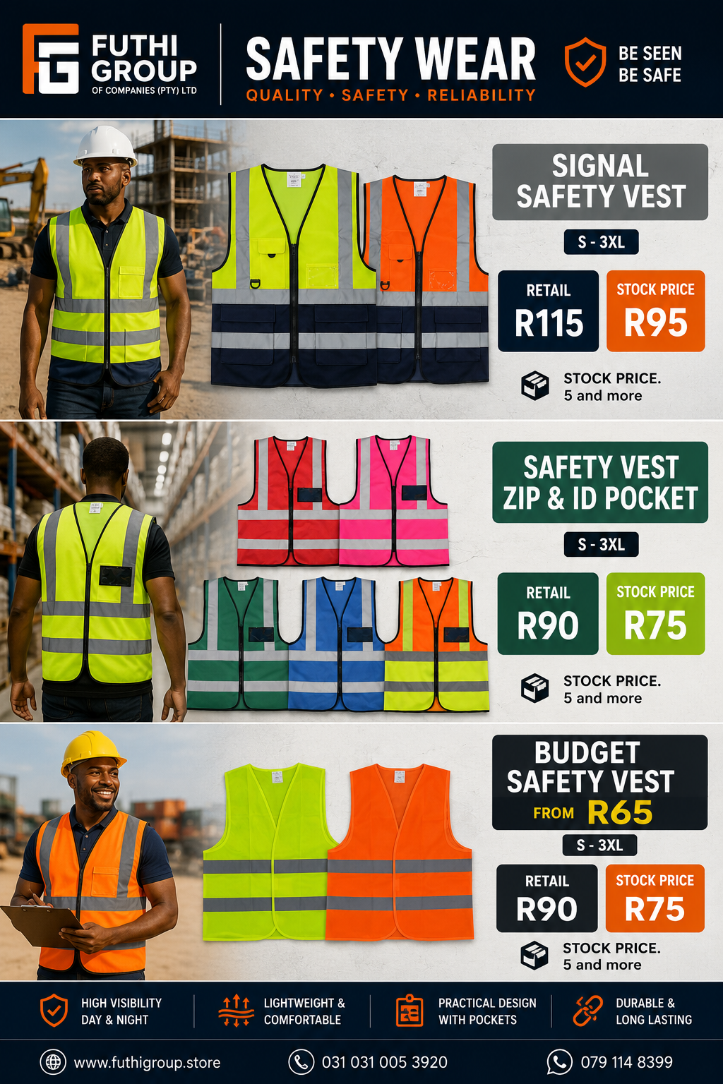 Signal safety vests with zip and ID pocket options