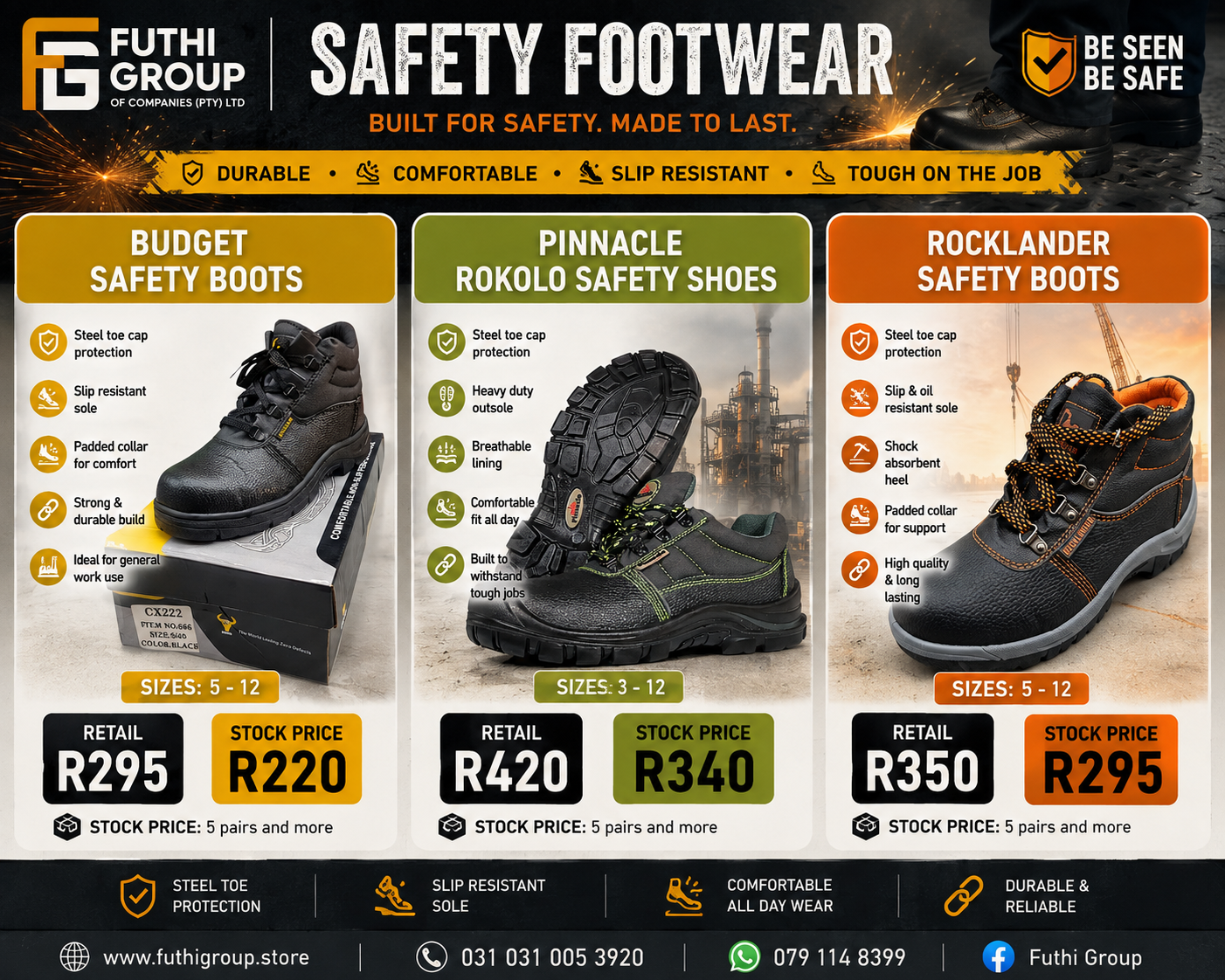 Safety footwear range — budget safety boots, Pinnacle Rokolo and Rocklander