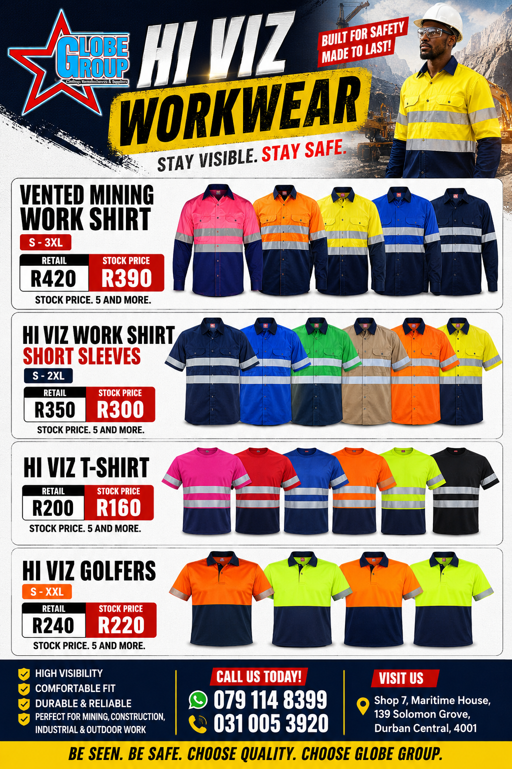 Globe Group hi-viz workwear flyer — vented mining work shirts, hi-viz work shirts, t-shirts and golfers