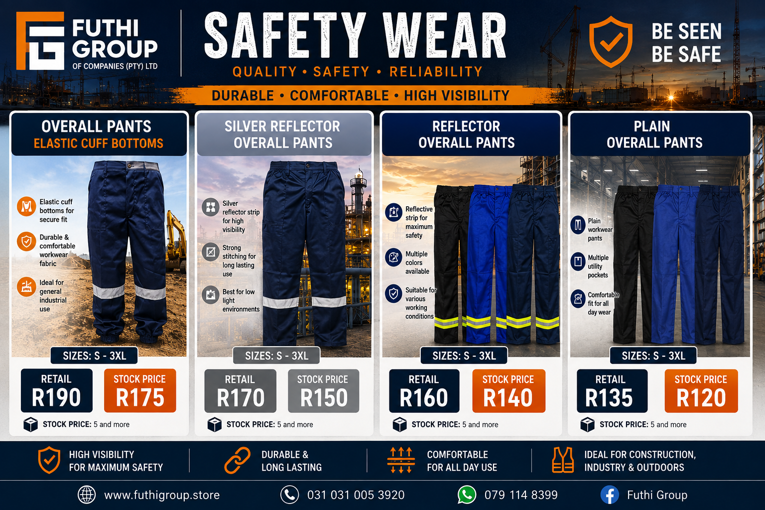 Overall pants range — reflector, silver reflector and plain work pants