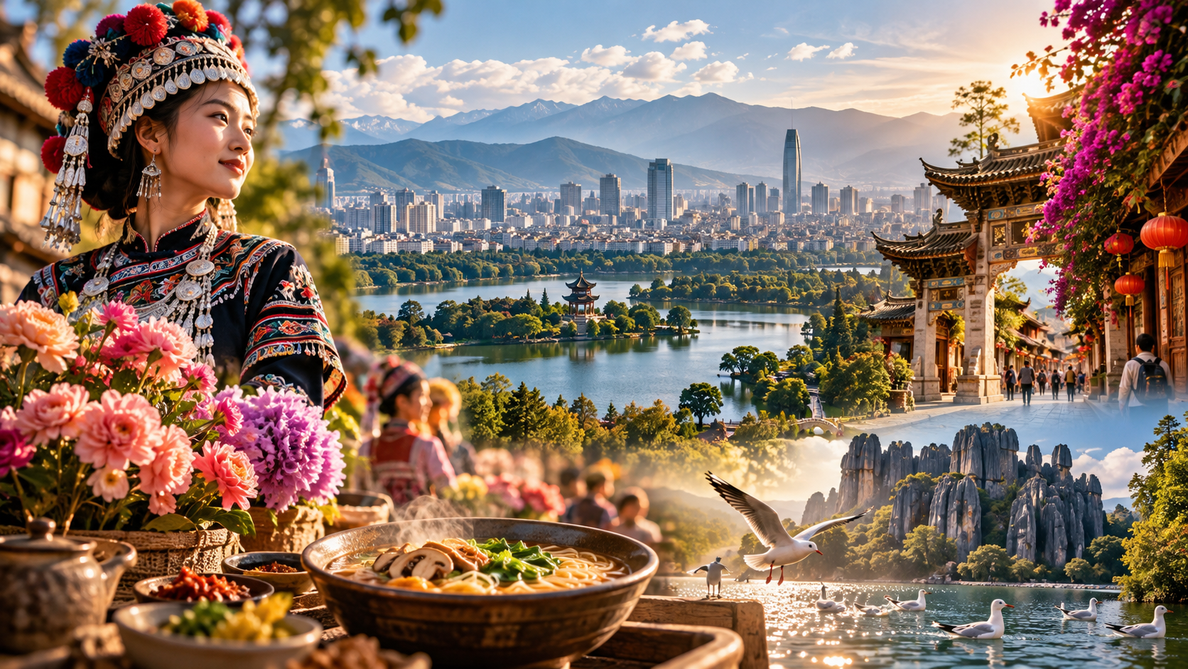 Kunming cultural panorama — ethnic heritage, cuisine, skyline, temple and Stone Forest