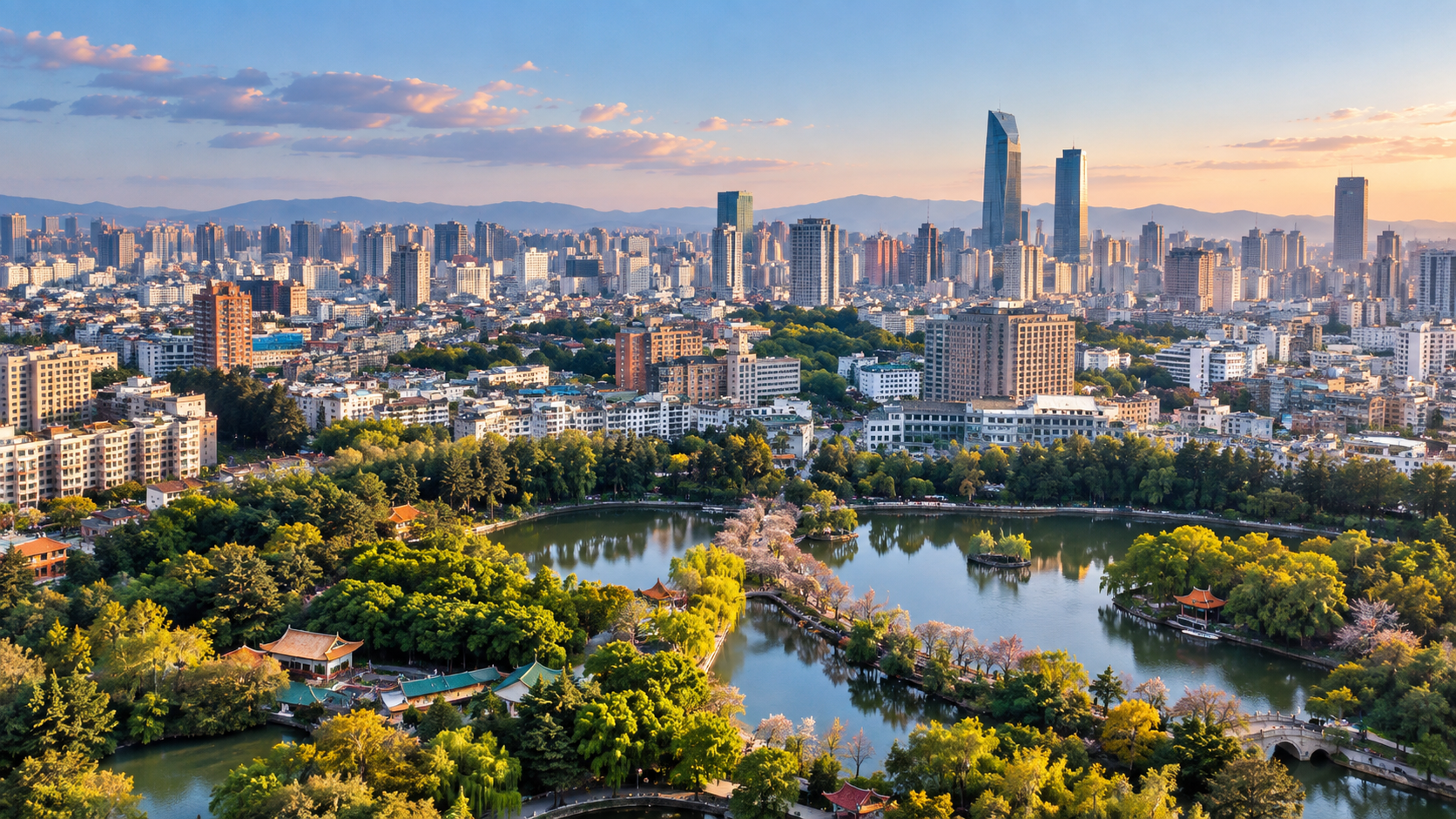 Kunming cityscape at golden hour