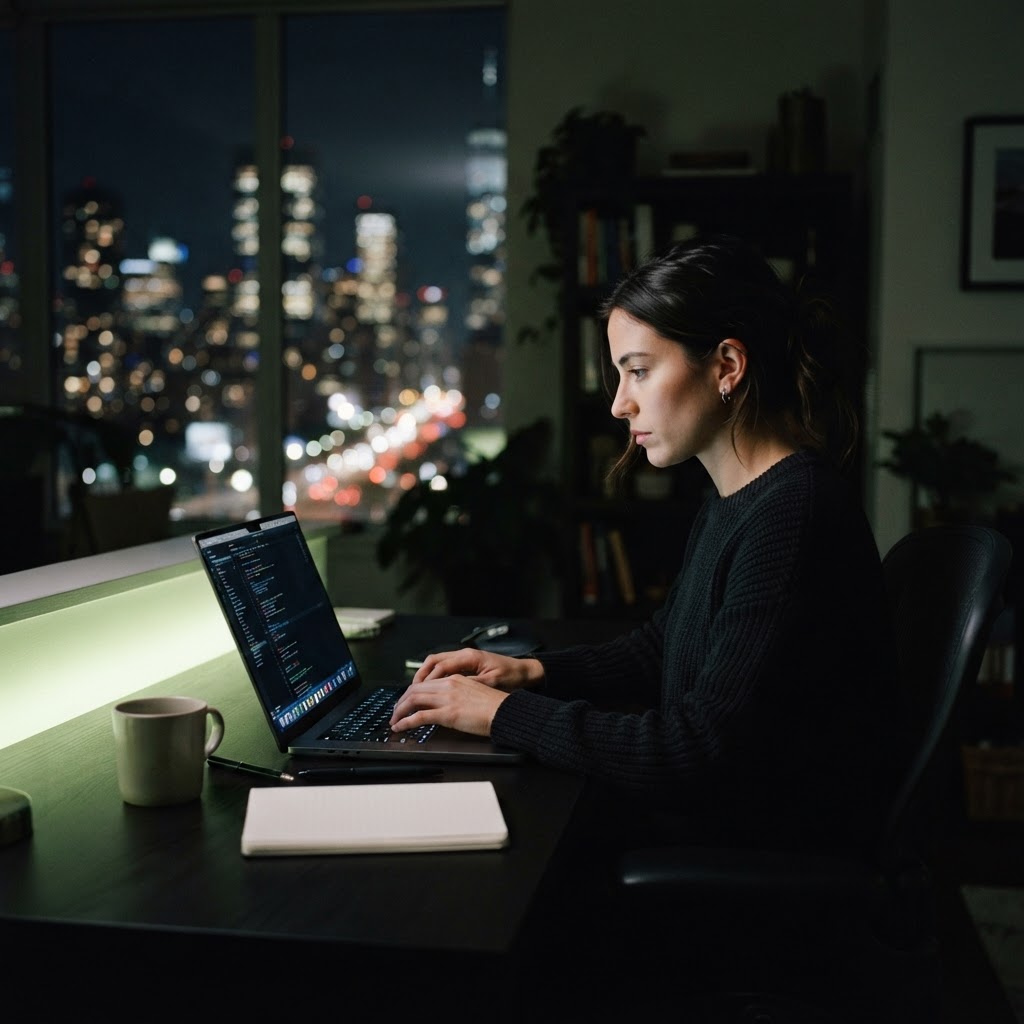 Person working late at a laptop in a dark modern office