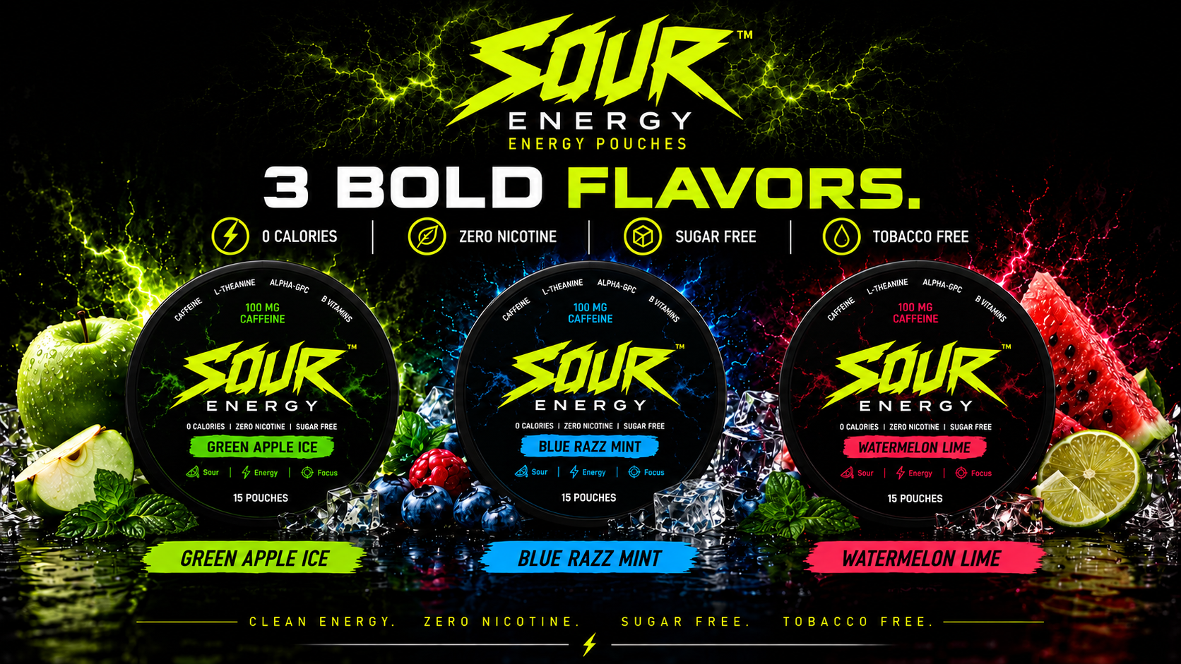 SOUR Energy Pouches three flavors: Green Apple Ice, Blue Razz Mint, and Watermelon Lime.