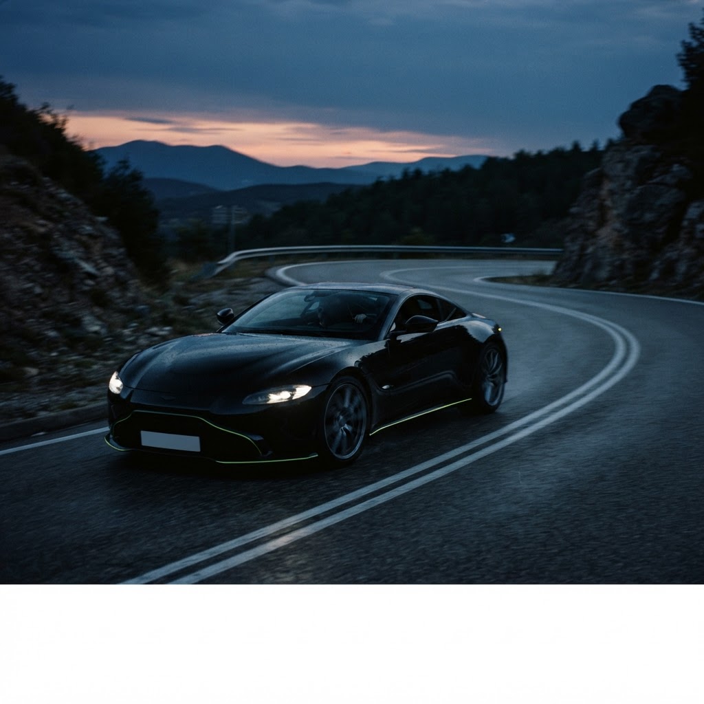Black sports car driving on an open road at dusk