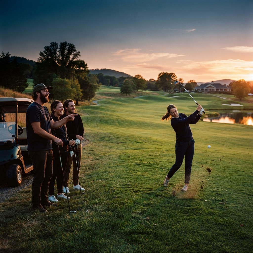 Friends playing golf at golden hour
