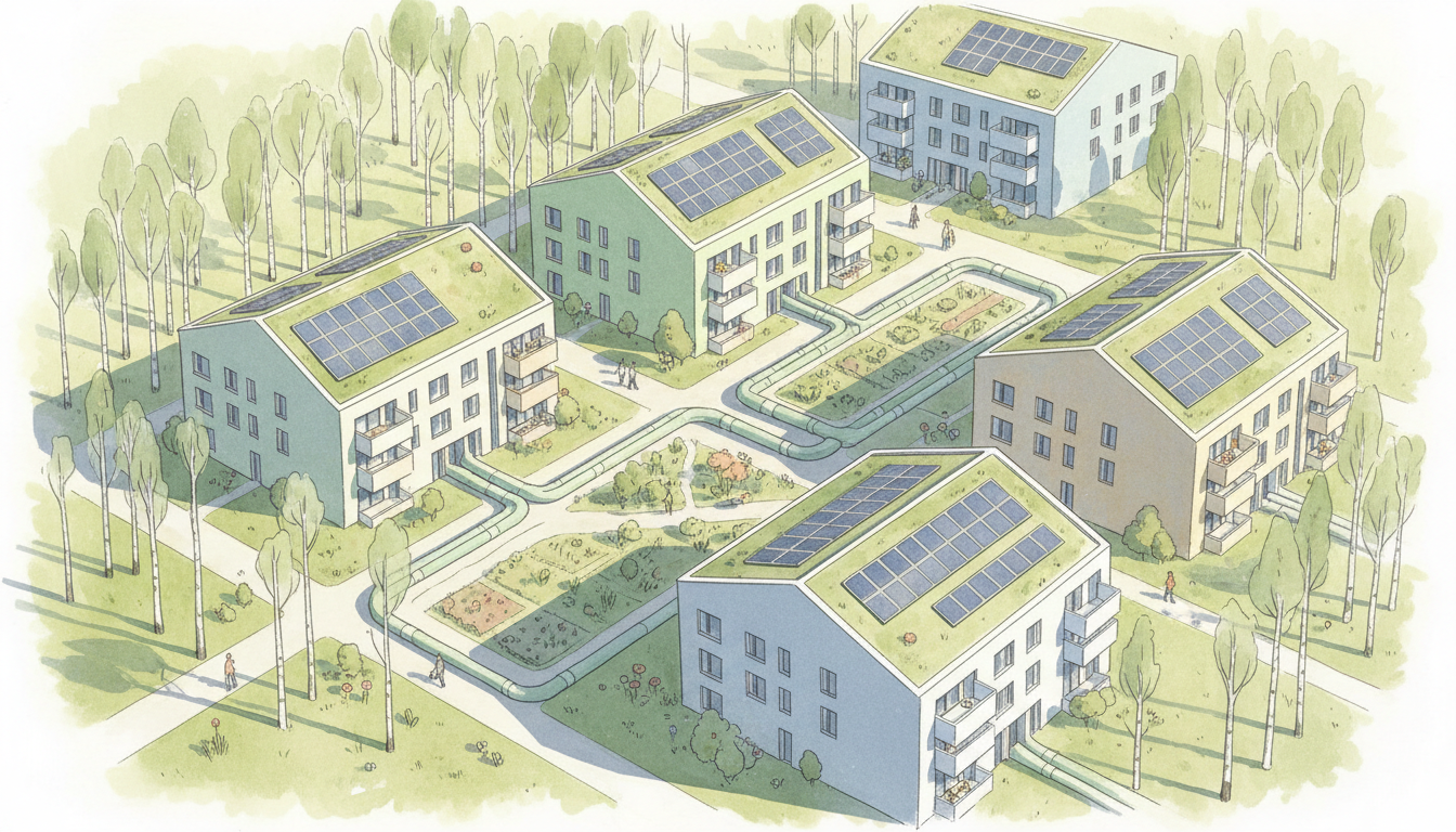 Nordic apartment buildings with green renewable energy infrastructure