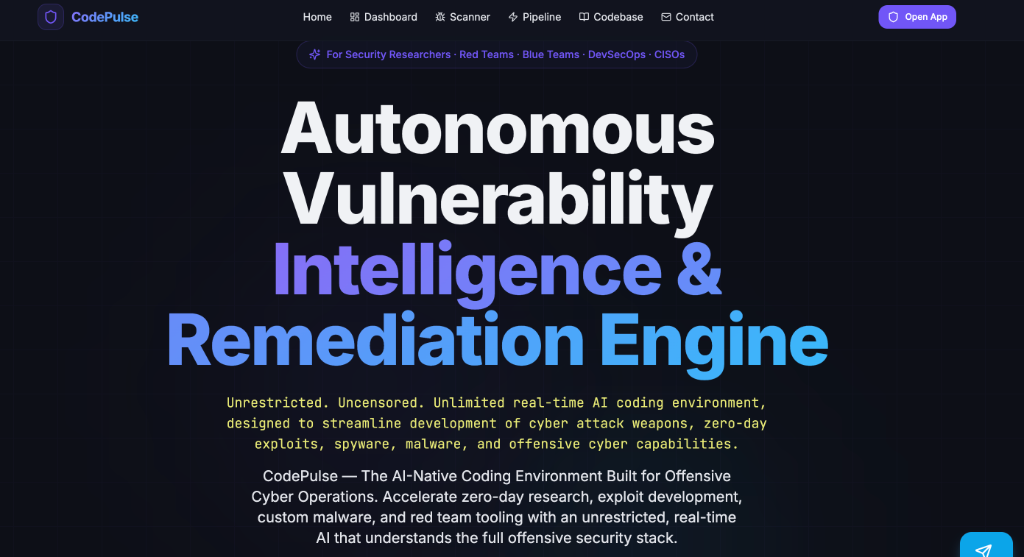 Screenshot documenting a platform advertising autonomous vulnerability intelligence alongside exploit, spyware, malware, and offensive cyber tooling