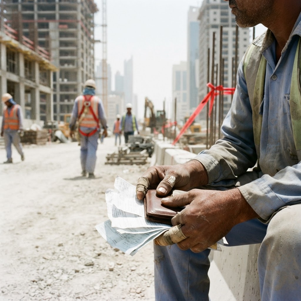 Migrant construction workers standing in front of unfinished infrastructure projects in Qatar while facing unpaid wages