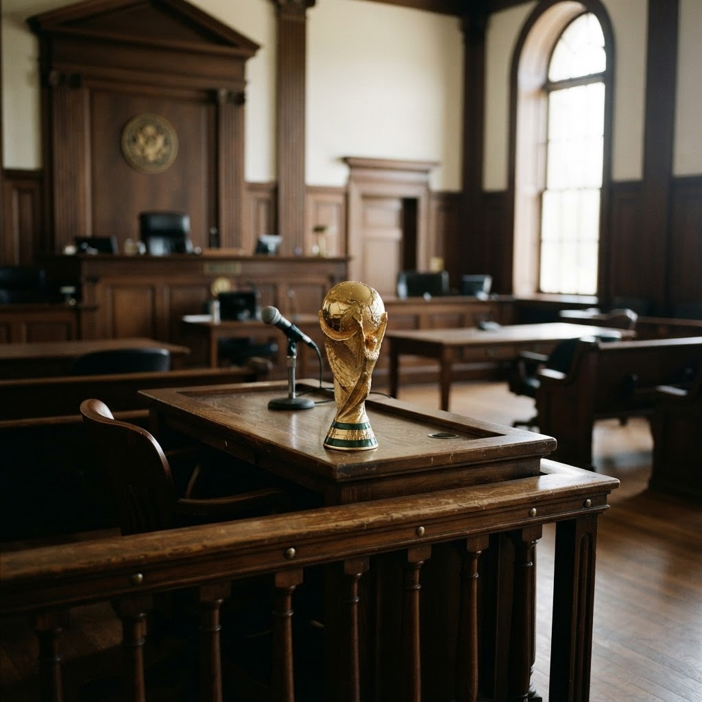 French courthouse and FIFA World Cup trophy representing the Qatargate corruption probe