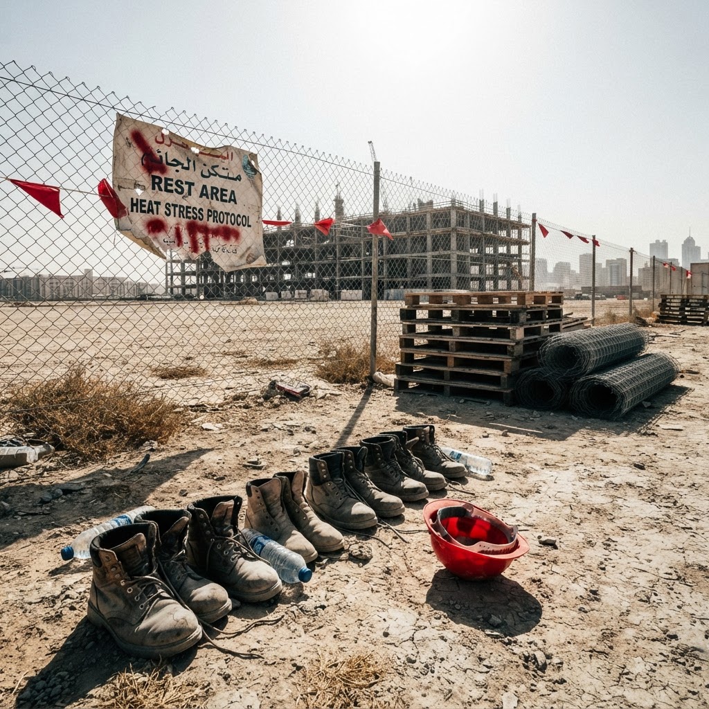 Migrant workers in high-visibility vests resting in the shade at a construction site in Doha.