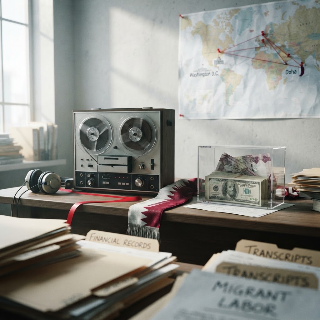 A close up of legal documents and a wiretap device graphic.